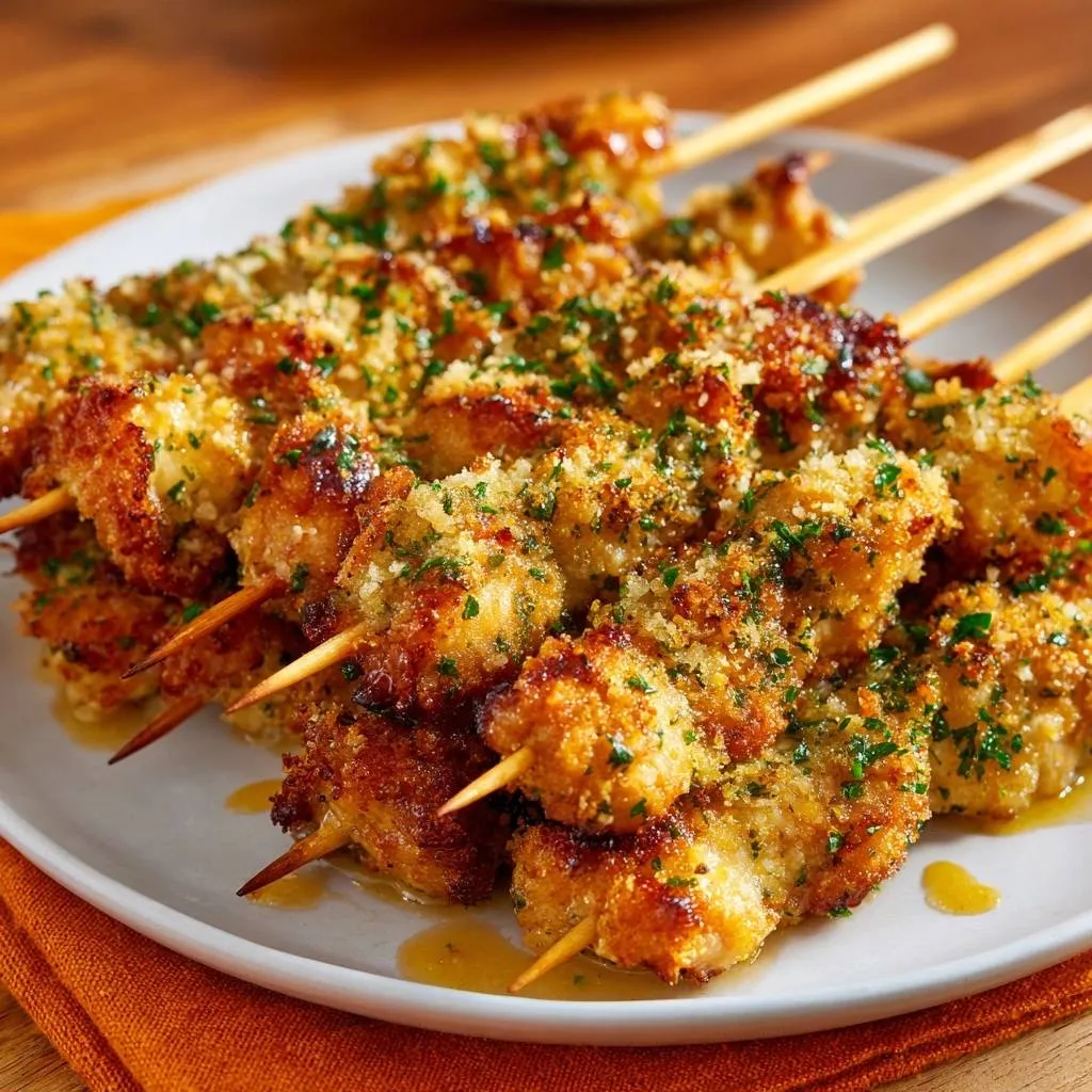 Garlic Parmesan Chicken Skewers are presented on a white plate in a close-up shot, showcasing their golden-brown breaded coating and fresh parsley garnish.