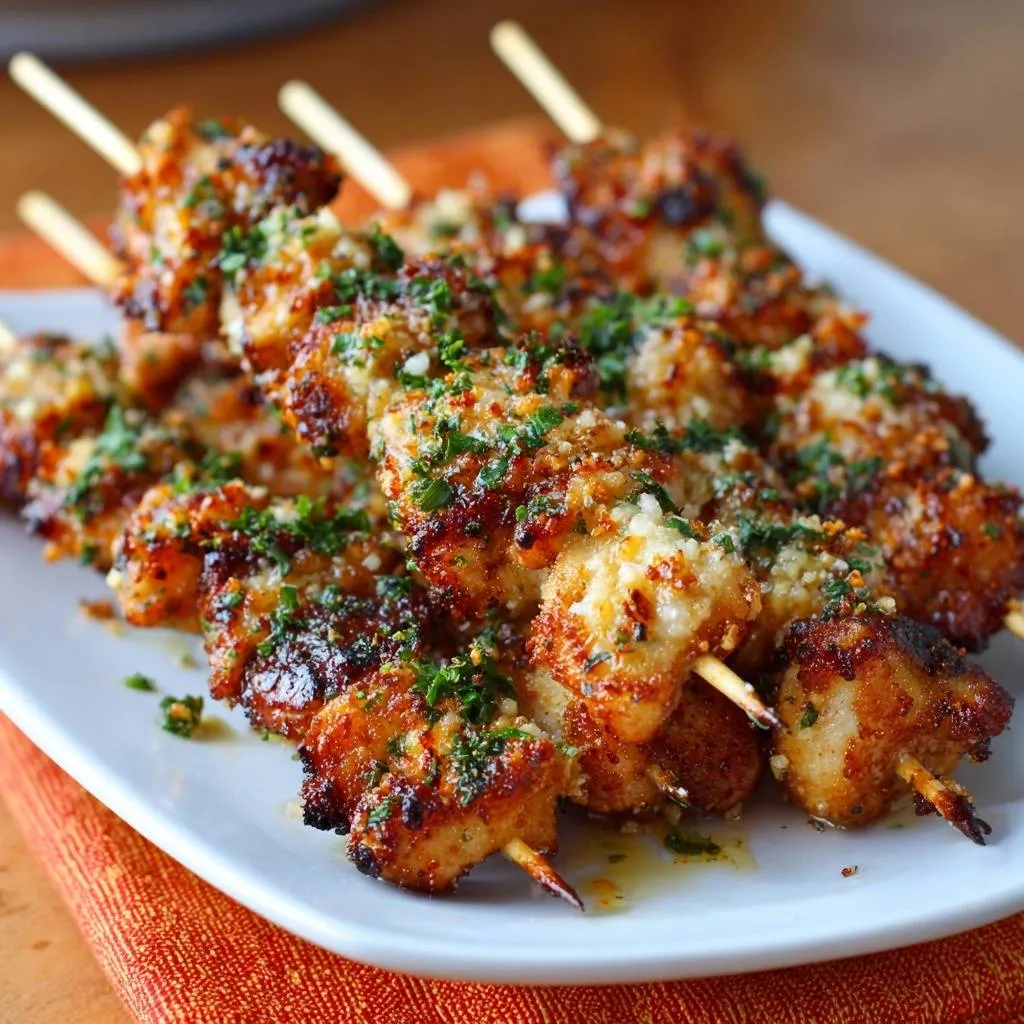 Garlic Parmesan Chicken Skewers with a close-up view of the fresh parsley and cheese garnish.