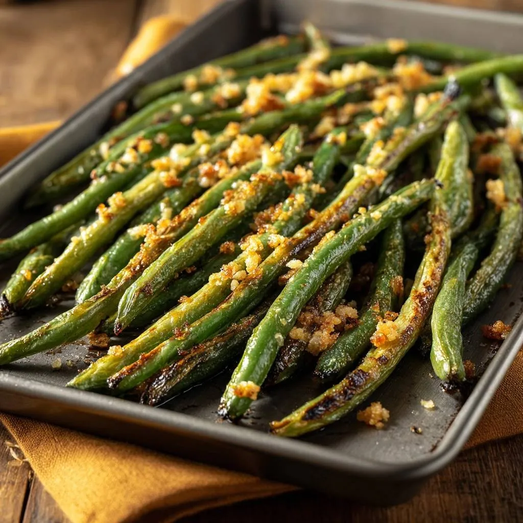 Garlic roasted green beans with a close-up view of the crispy breadcrumb topping sprinkled throughout the pan.
