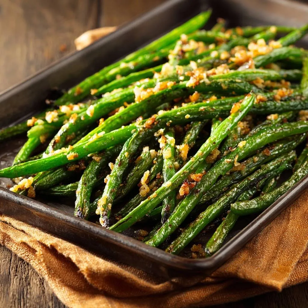 Garlic roasted green beans with toasted crumbs on a dark baking tray, close-up detail.