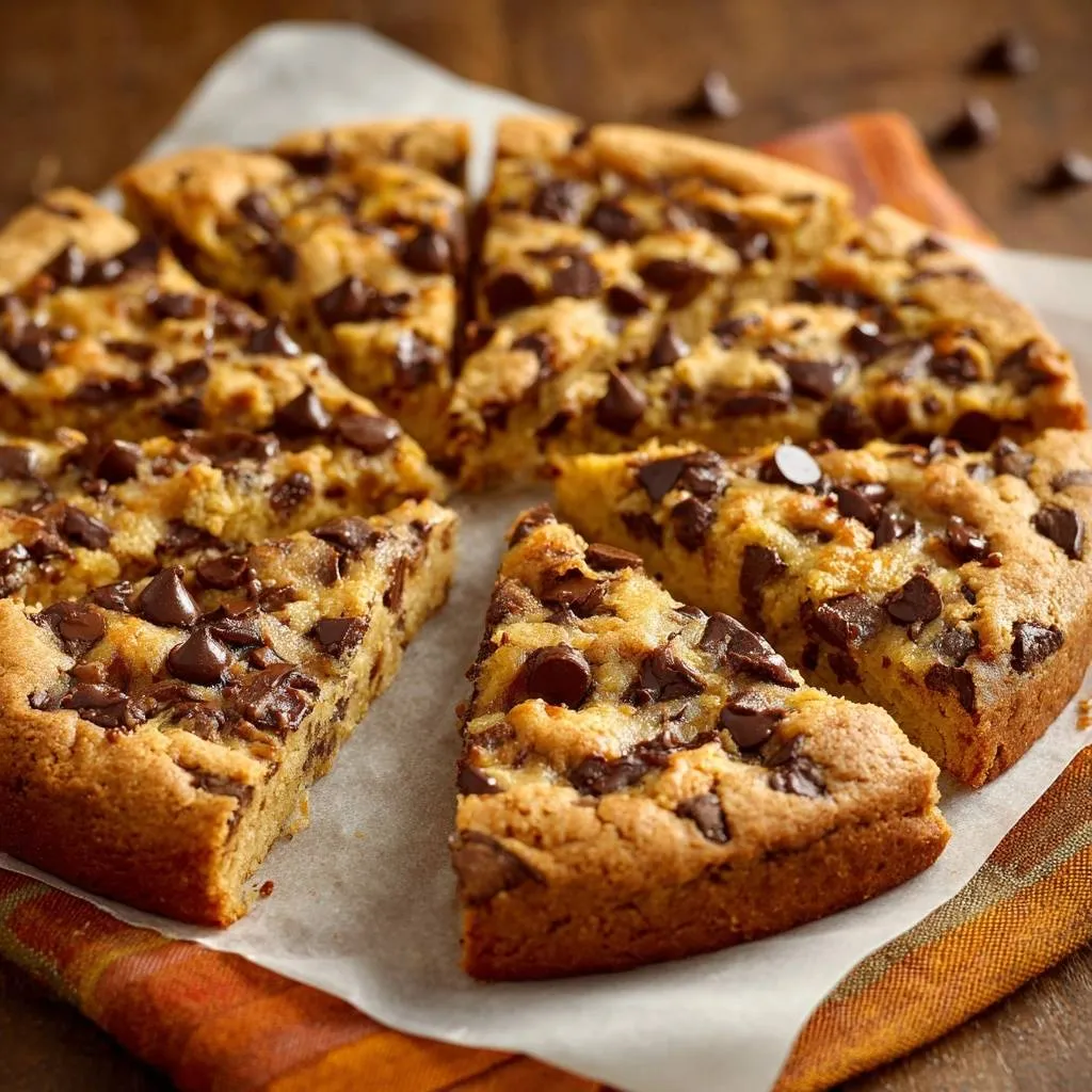 Giant chocolate chip cookie pizza sliced into wedges, showcasing its thick, chewy texture and abundant chocolate chips.
