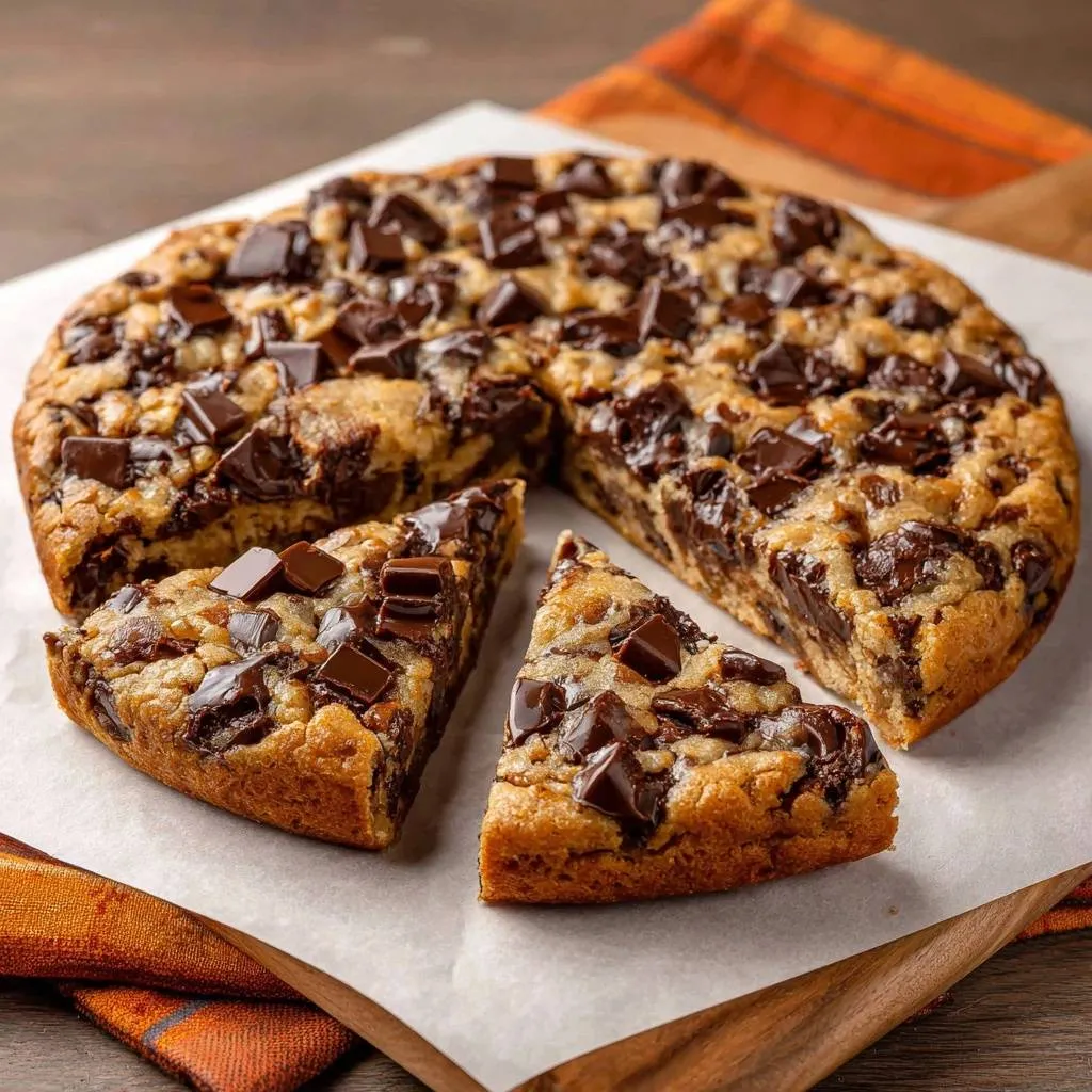 Giant chocolate chip cookie pizza sliced into wedges, showcasing its rich chocolate chunks and chewy texture.