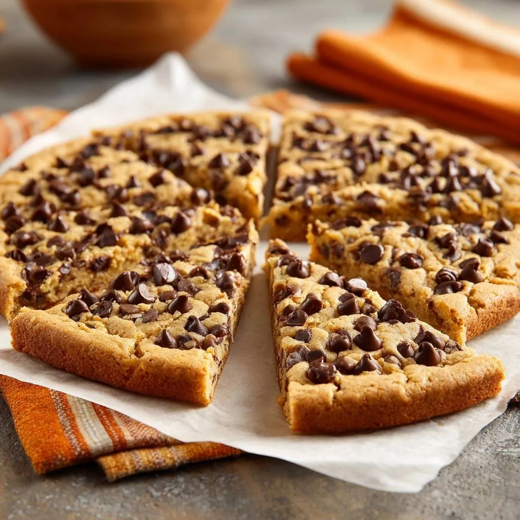 Giant chocolate chip cookie pizza sliced into wedges on parchment paper, showcasing its rich chocolate chips.