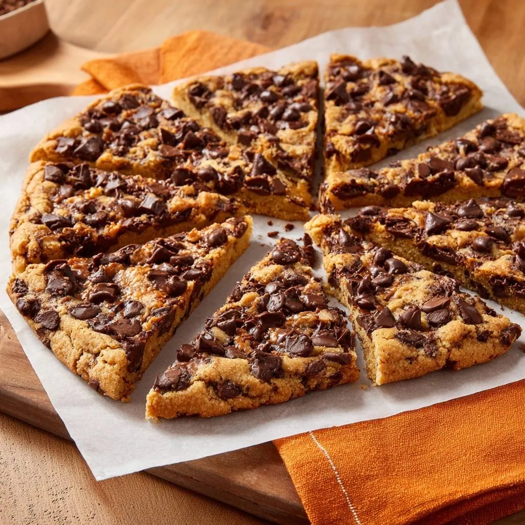 Giant chocolate chip cookie pizza sliced into wedges, showcasing a golden-brown base and abundant chocolate chips.