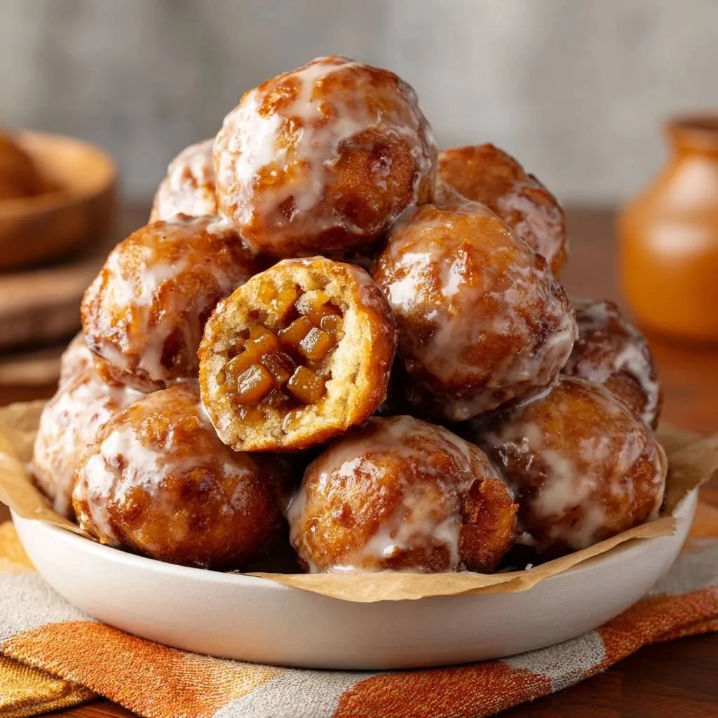 Glazed apple fritters shown in a close-up cross-section revealing the sweet apple filling inside.