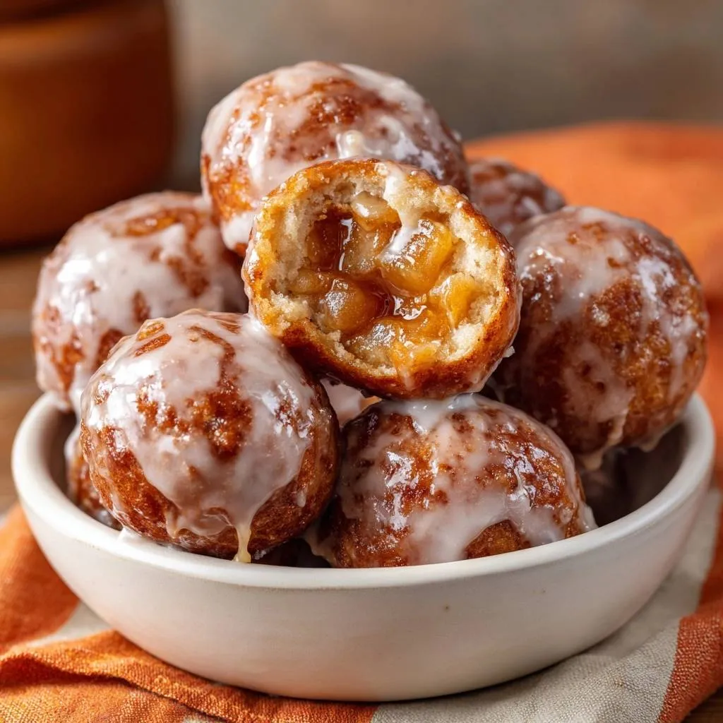 Glazed apple fritters showing a cross-section revealing the juicy apple filling, a close-up view.