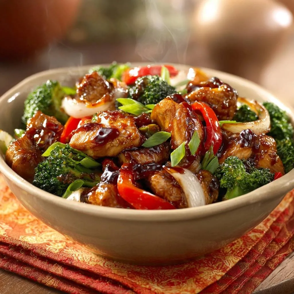 Glazed chicken broccoli stir-fry served in a bowl, showcasing tender chicken, vibrant broccoli, and red peppers with a glossy sauce.