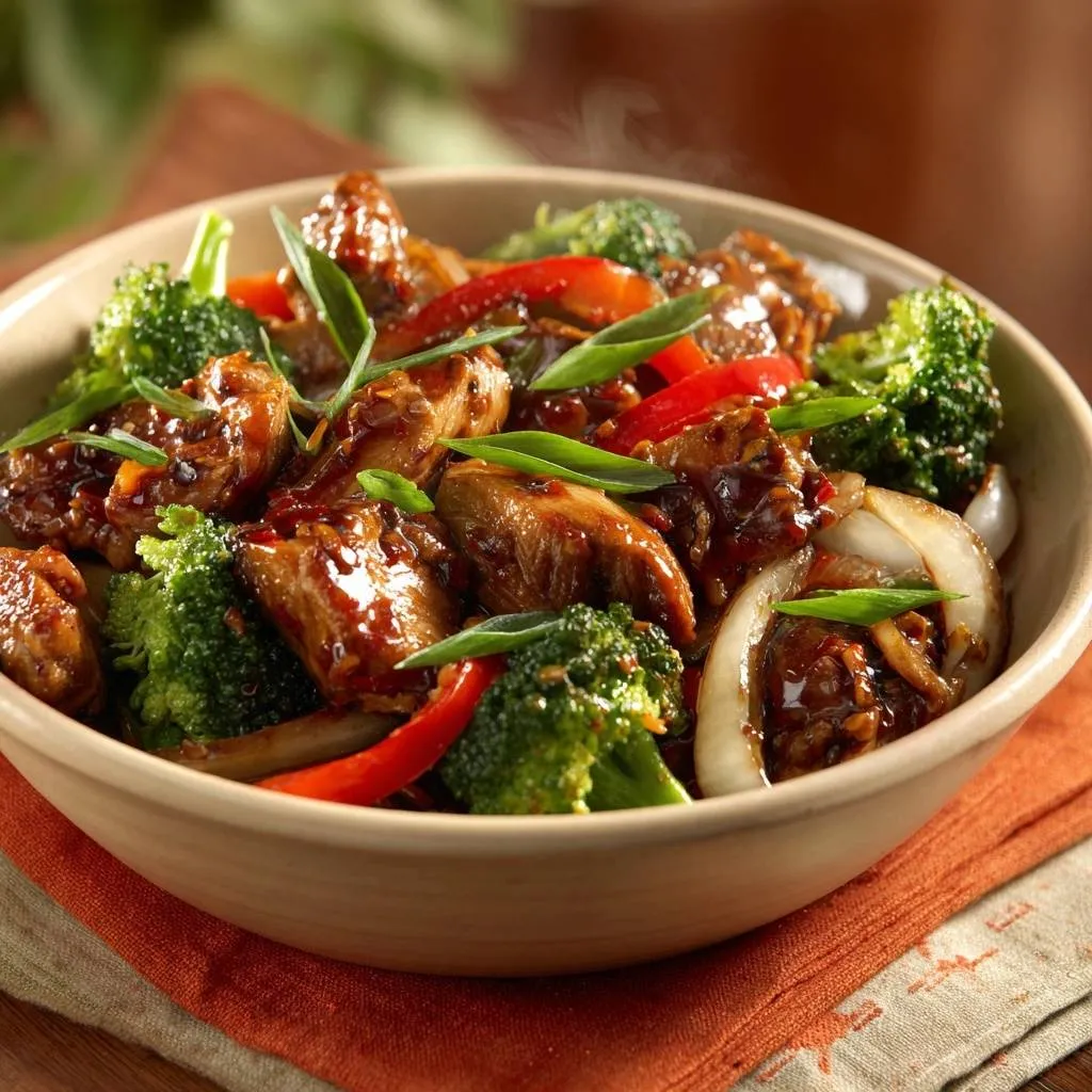 Glazed chicken broccoli stir-fry served in a steaming bowl with red peppers and green onions.