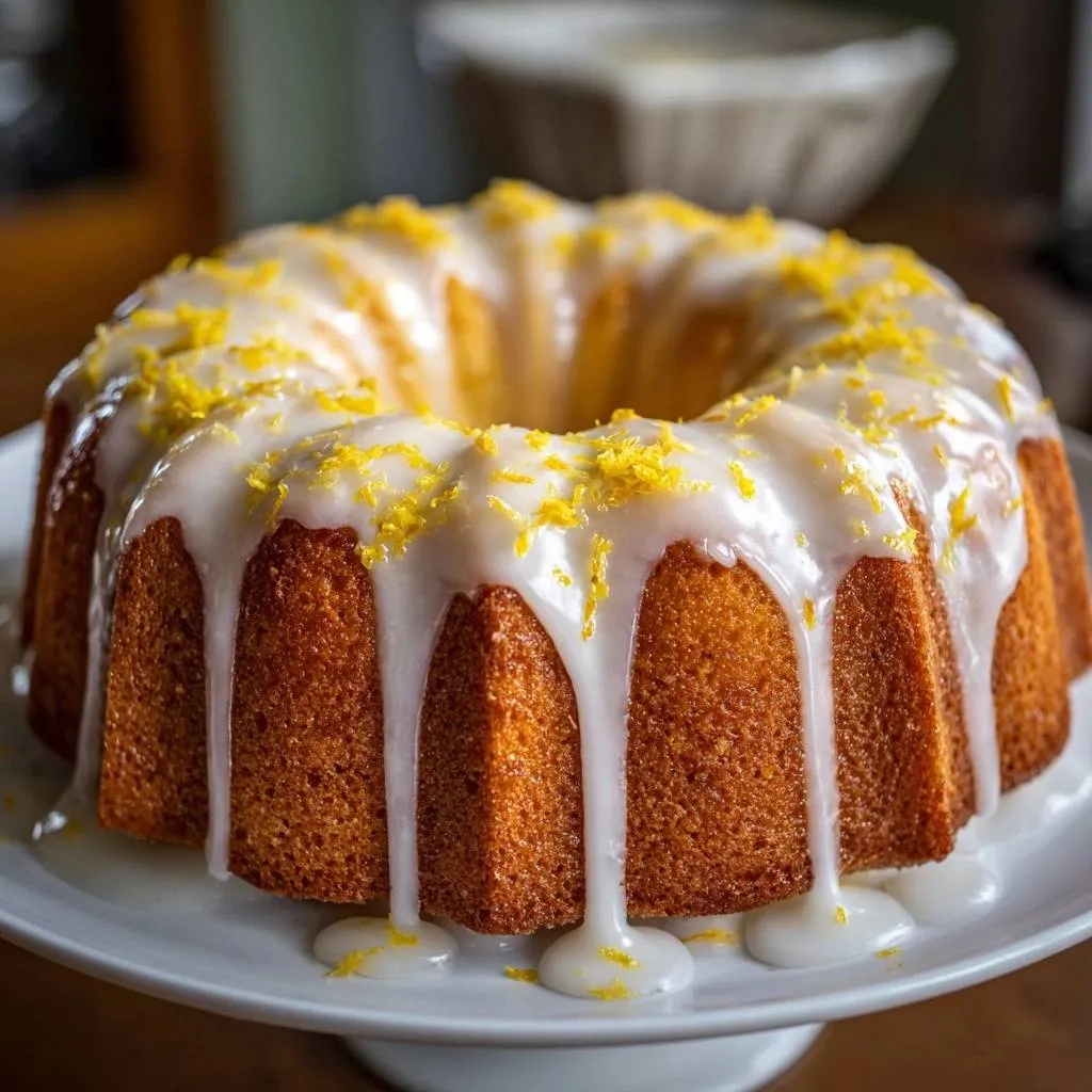 Glazed lemon bundt cake with bright yellow lemon zest and thick white glaze dripping down the sides.