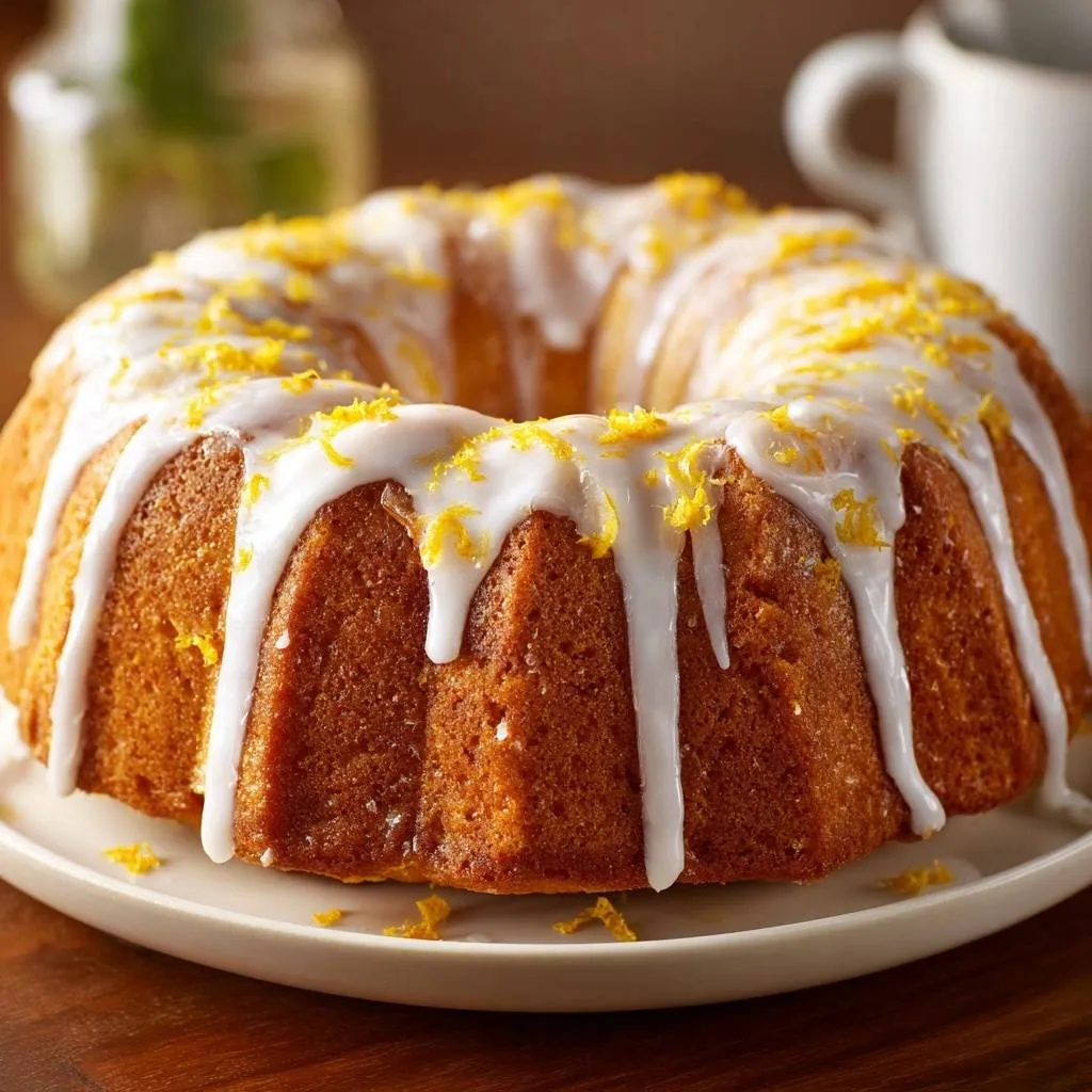 Glazed lemon bundt cake drizzled with white icing and sprinkled with fresh lemon zest.