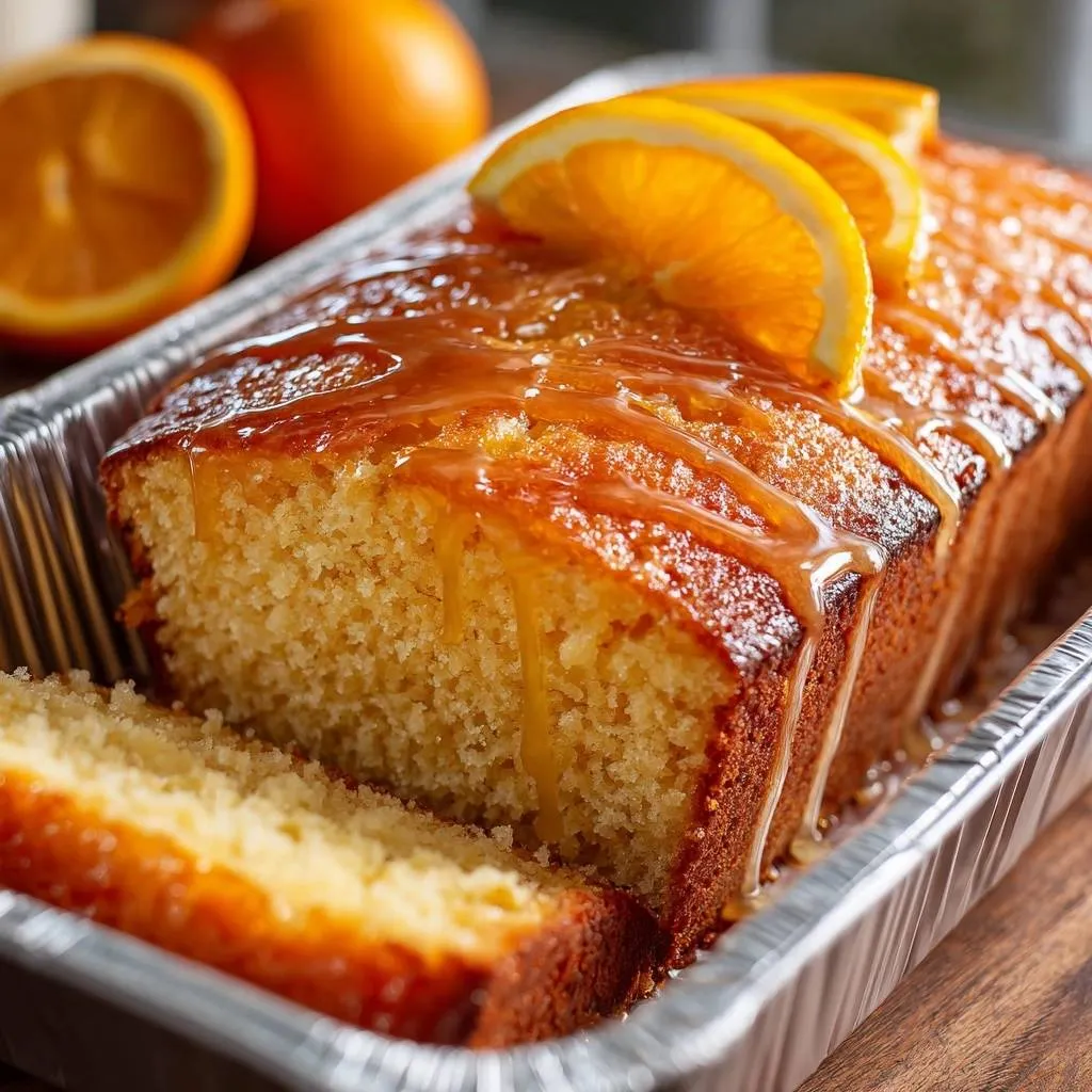 Glazed orange loaf cake recipe, sliced and showing a close-up of the glossy orange glaze dripping down the side.
