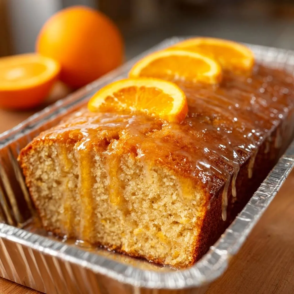 Glazed orange loaf cake with fresh orange slices on top, showcasing its moist crumb and glistening glaze.