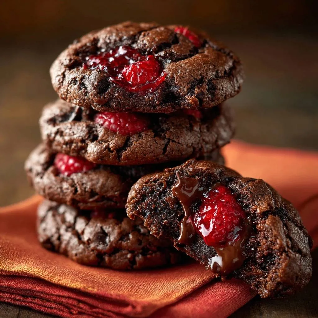 Gooey chocolate raspberry cookies revealing a molten chocolate and raspberry interior in a close-up cross-section view.