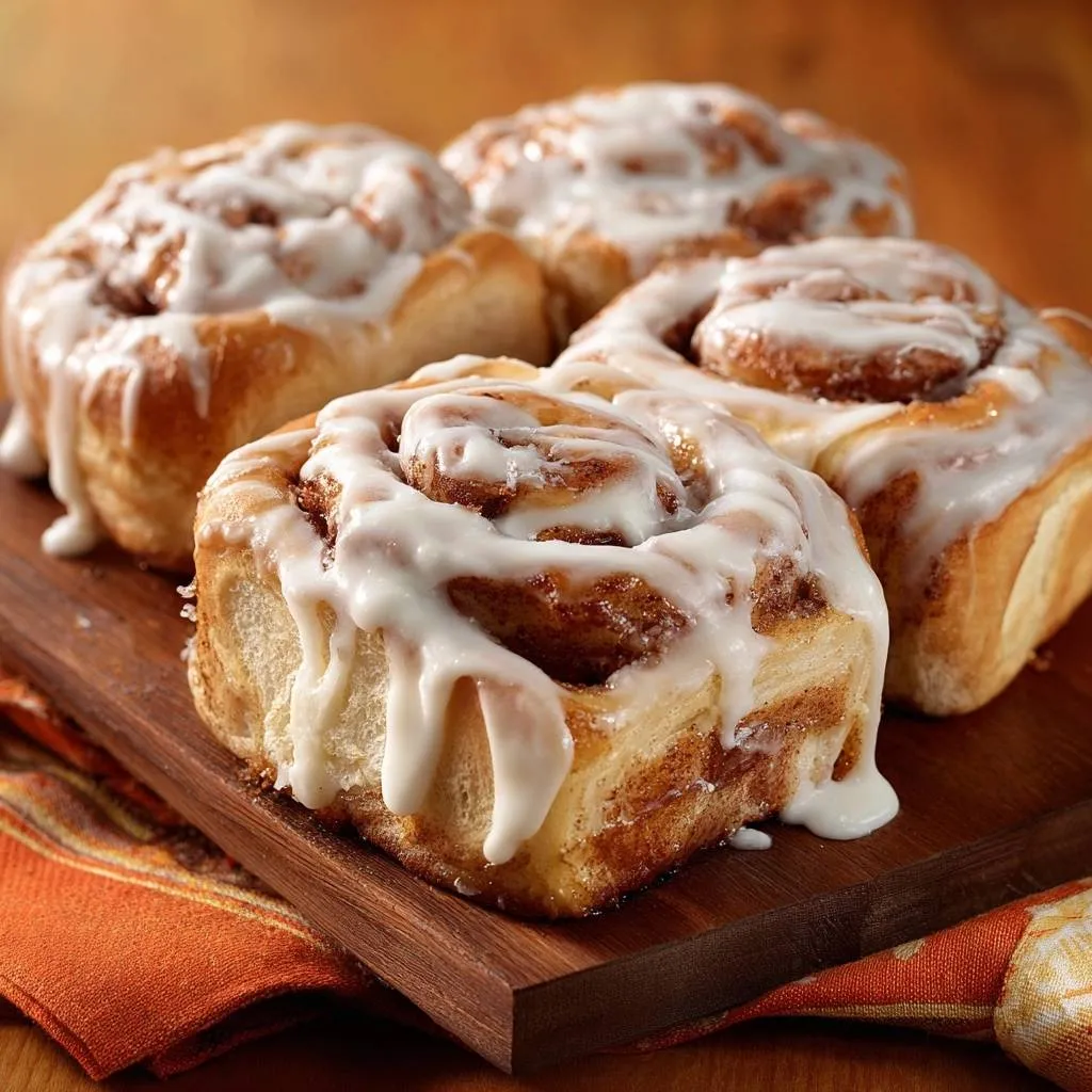 Gooey cinnamon rolls with heavy cream secret, showcasing a close-up view of thick white glaze dripping down the sides.