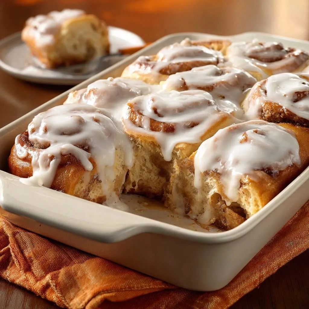 Gooey cinnamon rolls with guaranteed fluff shown in a baking pan with dripping icing, close-up view.