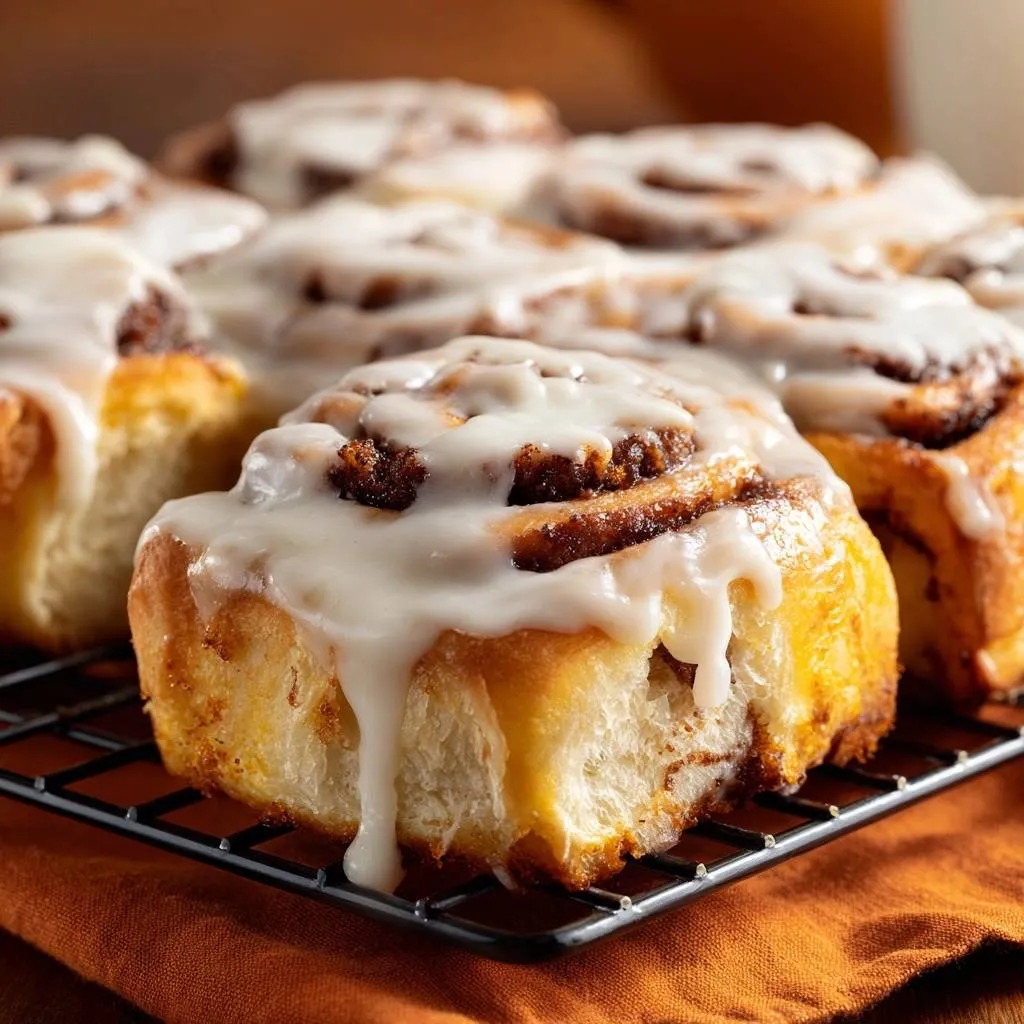 Gooey cinnamon rolls with Tangzhong magic cooling on a black wire rack with thick white glaze dripping down the sides.
