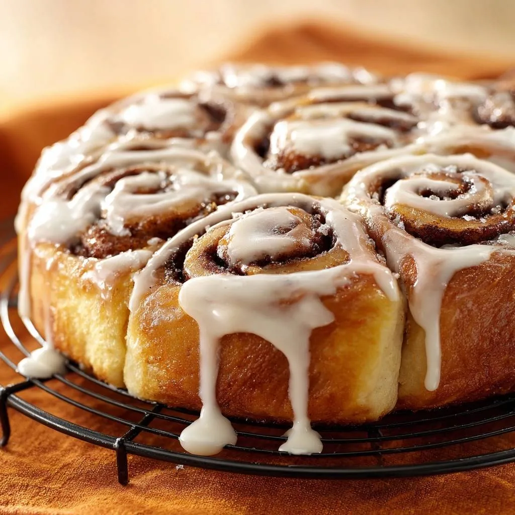 Gooey cinnamon rolls with tangzhong magic, showcasing a close-up of thick white glaze dripping over the baked rolls.