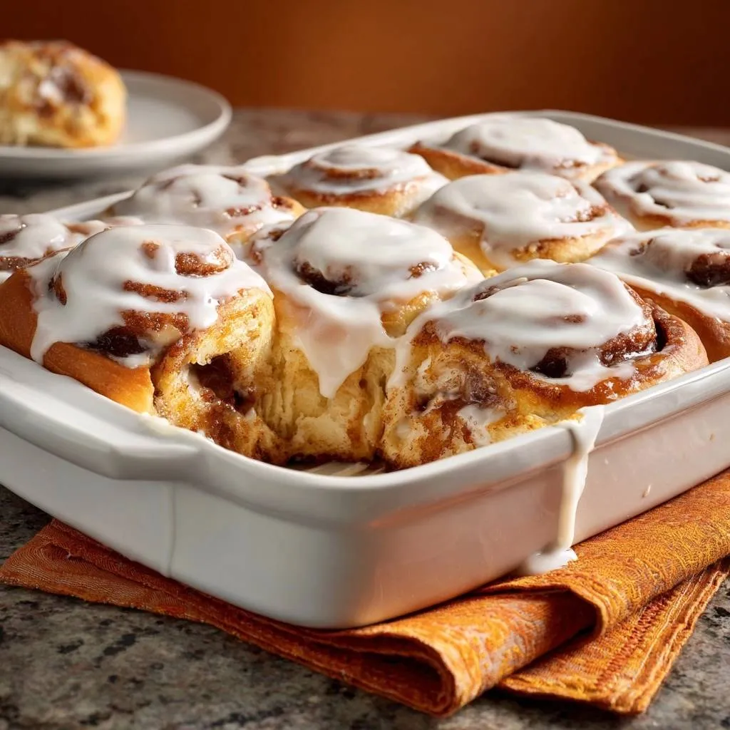 Gooey cinnamon rolls with guaranteed fluff, showing a close-up of the white glaze dripping over the side of the baking pan.