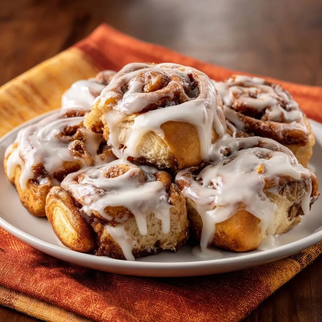 Gooey cinnamon rolls with heavy cream secret, stacked generously on a white plate with a drizzle of icing.