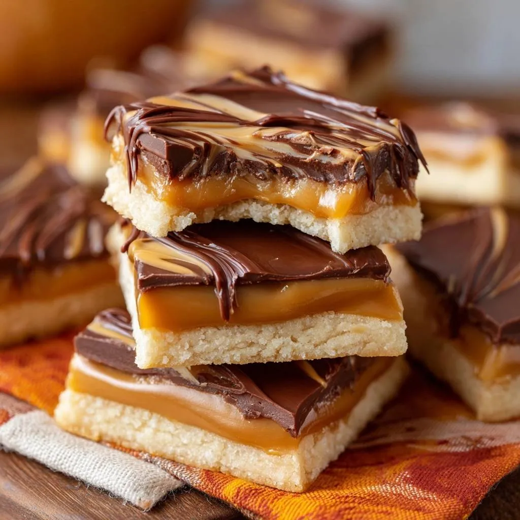 Gooey millionaire shortbread bars stacked, showing a close-up cross-section of the shortbread, caramel, and chocolate layers.
