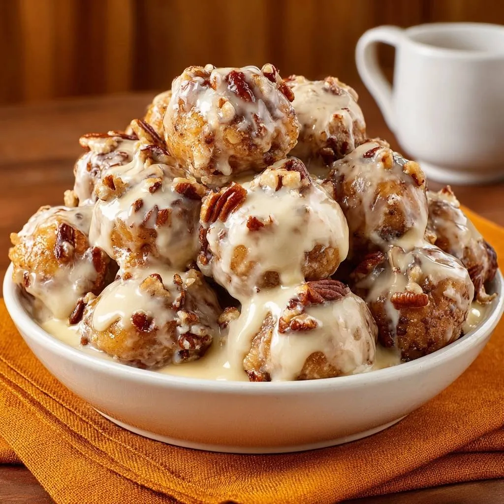 Gooey pecan glazed donut holes generously drizzled with creamy icing and topped with chopped pecans in a white bowl.