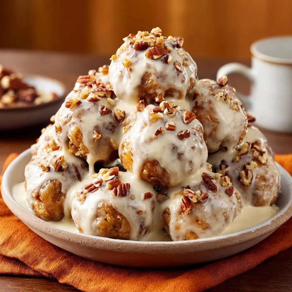 Gooey pecan glazed donut holes stacked high and drizzled with creamy glaze and chopped pecans.
