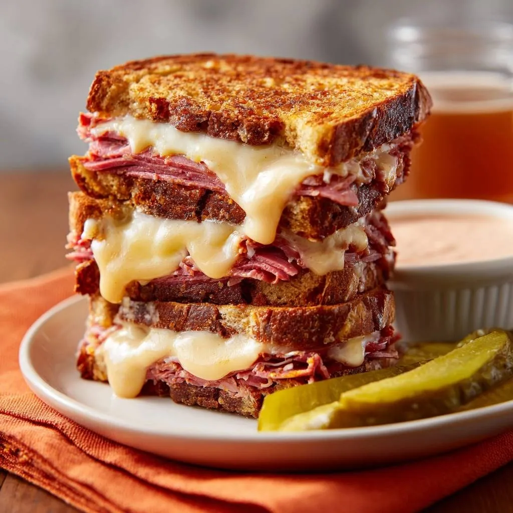 Gooey Reuben stack showing a cheesy cross-section with layers of corned beef and melted Swiss cheese.