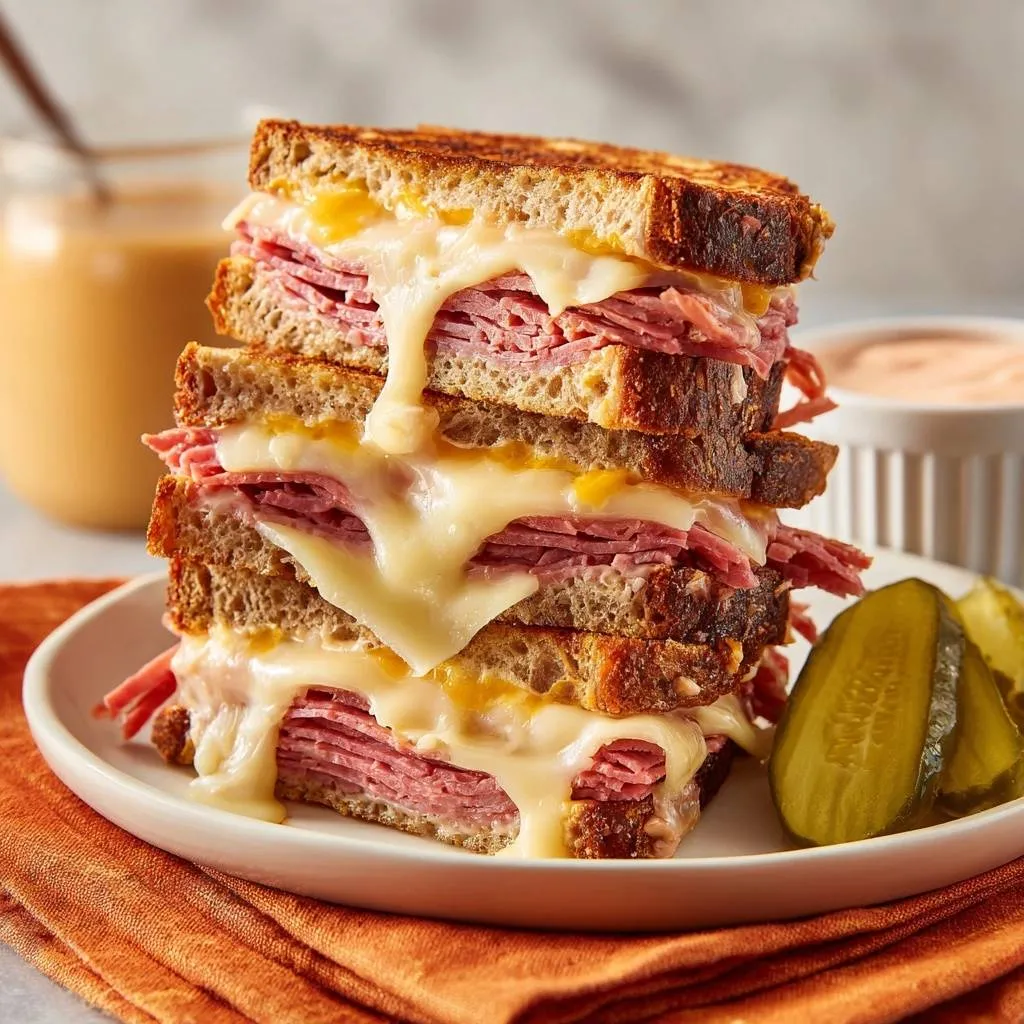Gooey Reuben stack with melted cheese dripping down the sides, served with pickles on a white plate.
