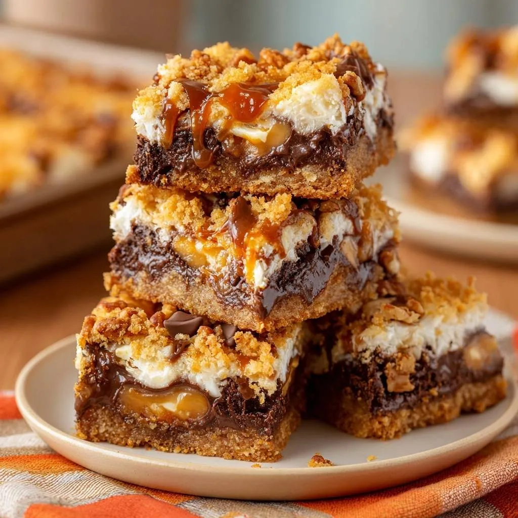 Gooey Samoa-style caramel chocolate bars stacked on a plate, showcasing layers of chocolate, caramel, and crumble topping.