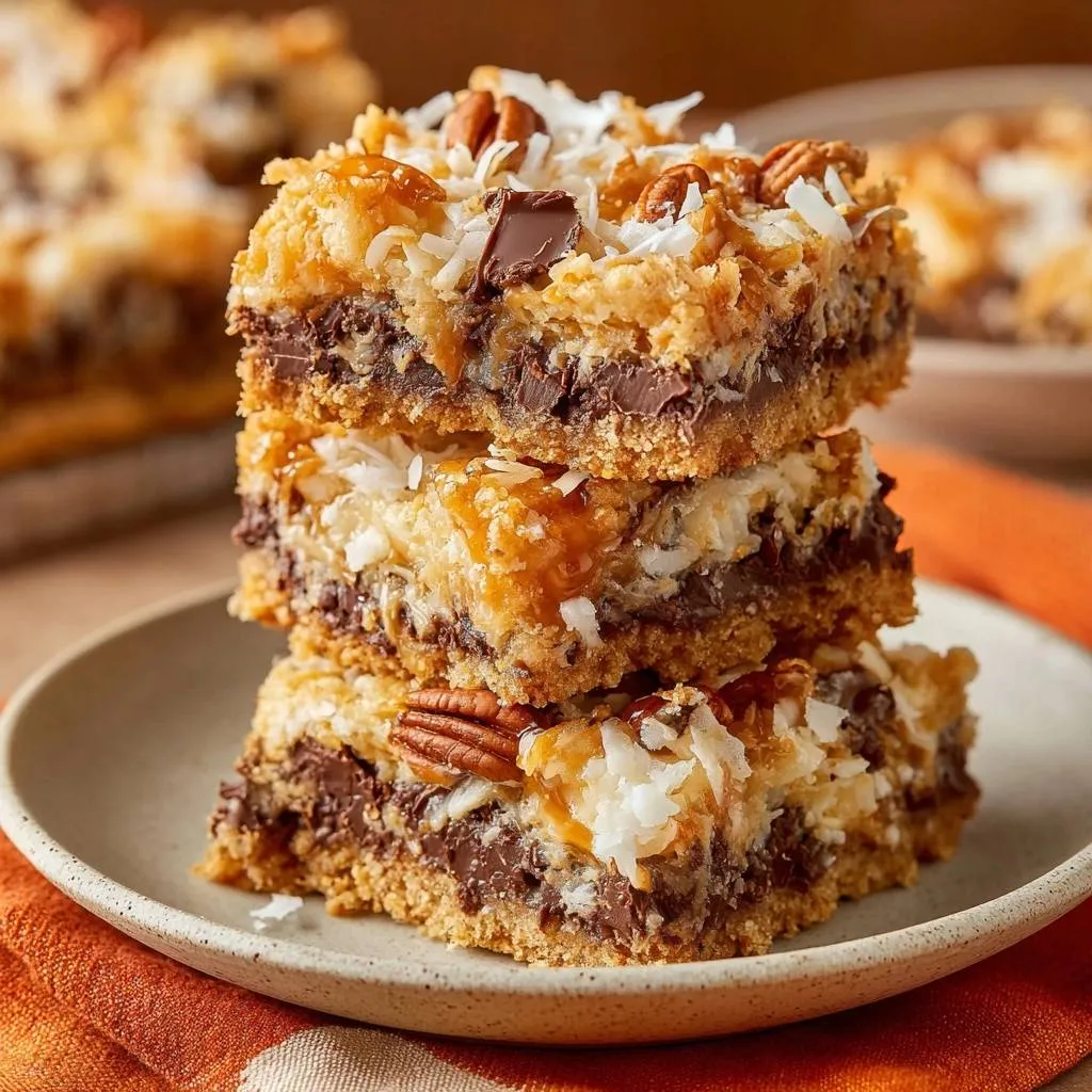 Gooey Samoa-style caramel chocolate bars stacked on a plate, showcasing their layered texture.