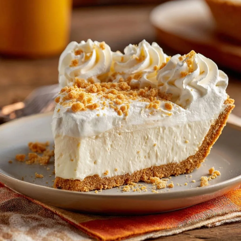 Silky graham cracker cheesecake slice with whipped topping and crumb garnish on a grey plate.