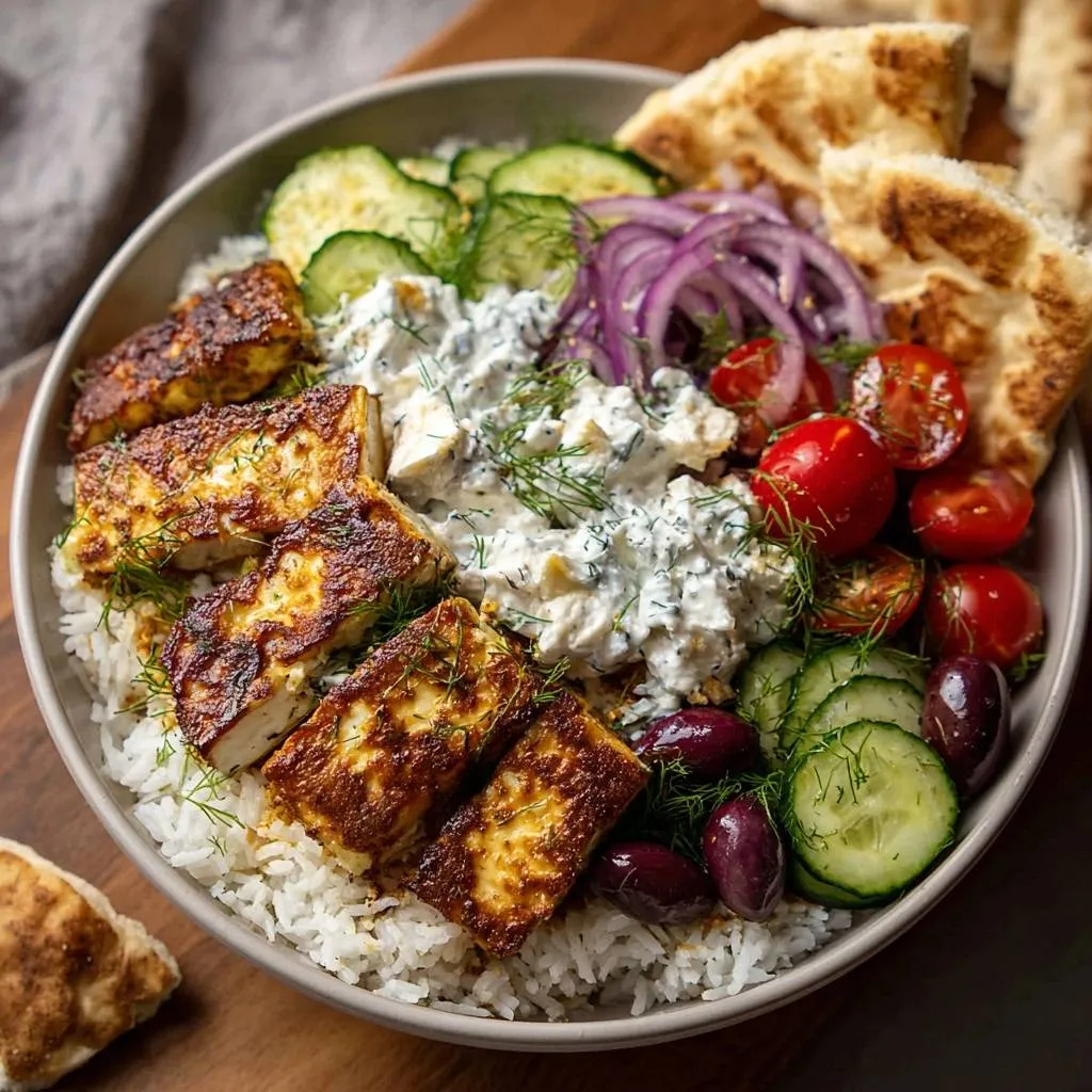 Greek halloumi rice bowl with golden-brown cheese pieces and fresh toppings shown in a close-up view.
