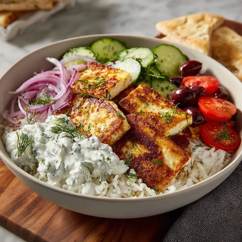 Greek halloumi rice bowl with a close-up view of the golden-brown, pan-fried cheese and fresh toppings.