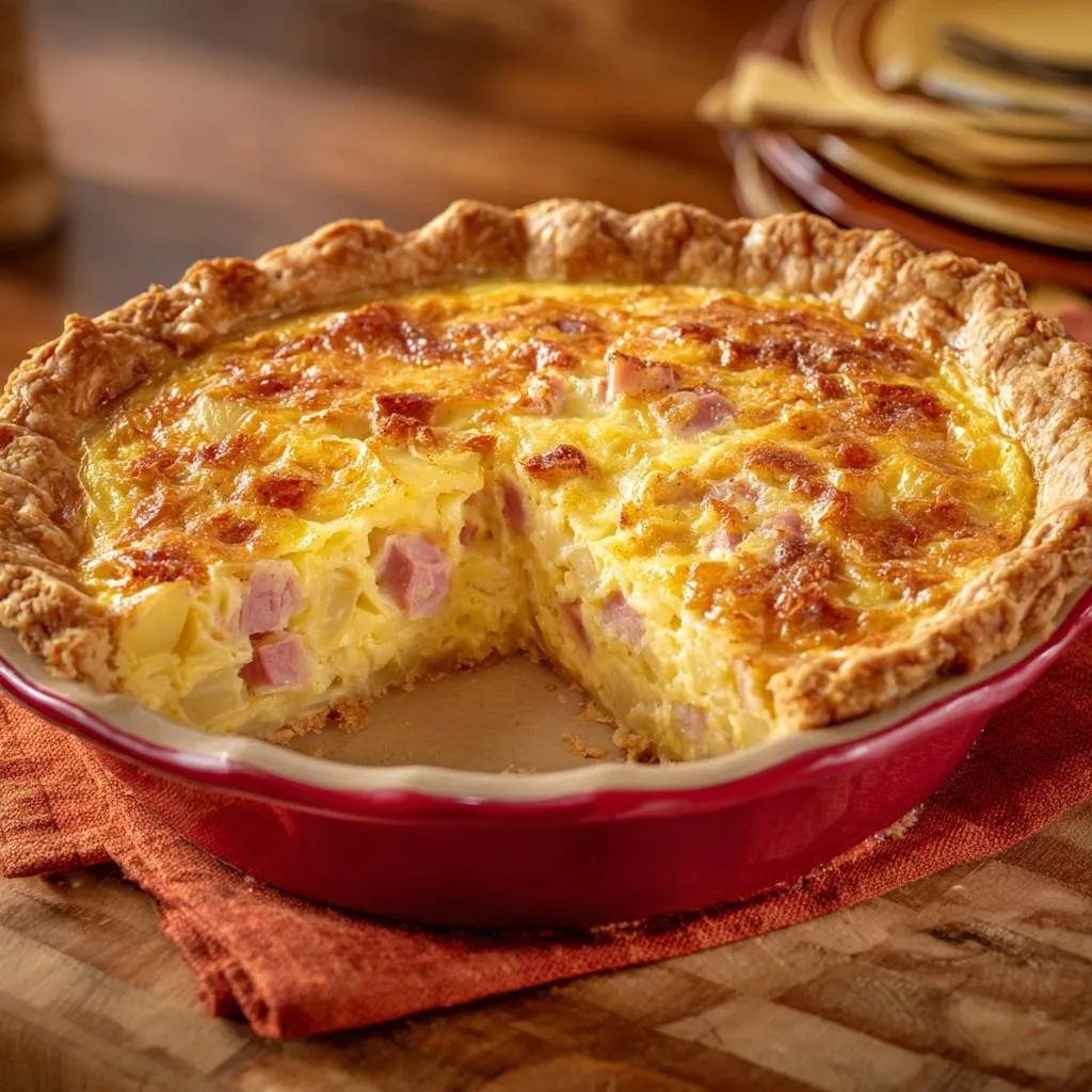 Ham and potato quiche with flaky crust mastery shown in a close-up cross-section revealing its savory interior.