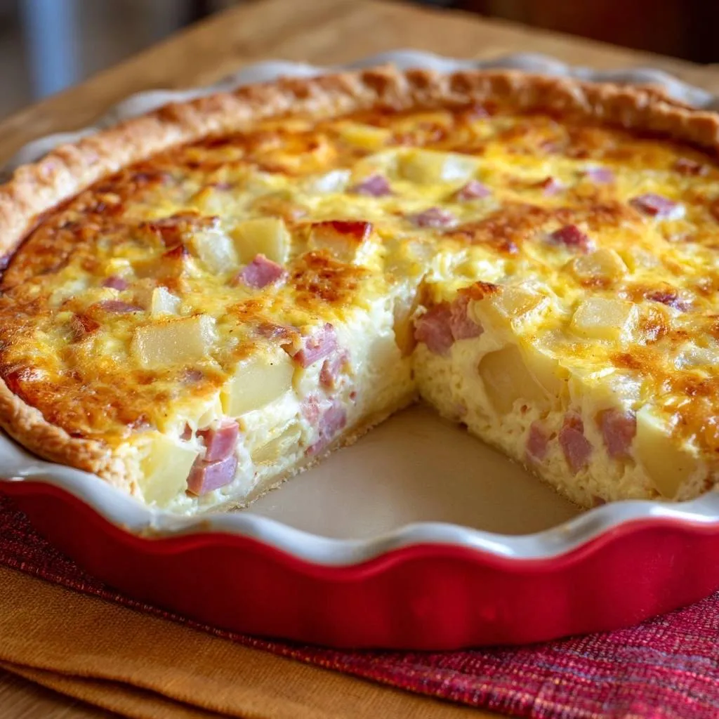 Ham and potato quiche with flaky crust mastery shown in a close-up interior slice revealing the filling.