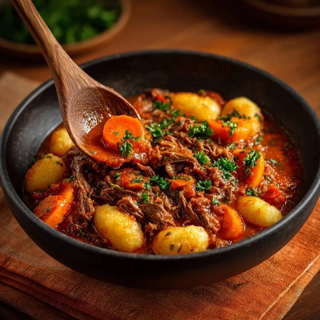 Hearty beef gnocchi stew served in a bowl with a spoonful being lifted, showing tender shredded beef and carrots.