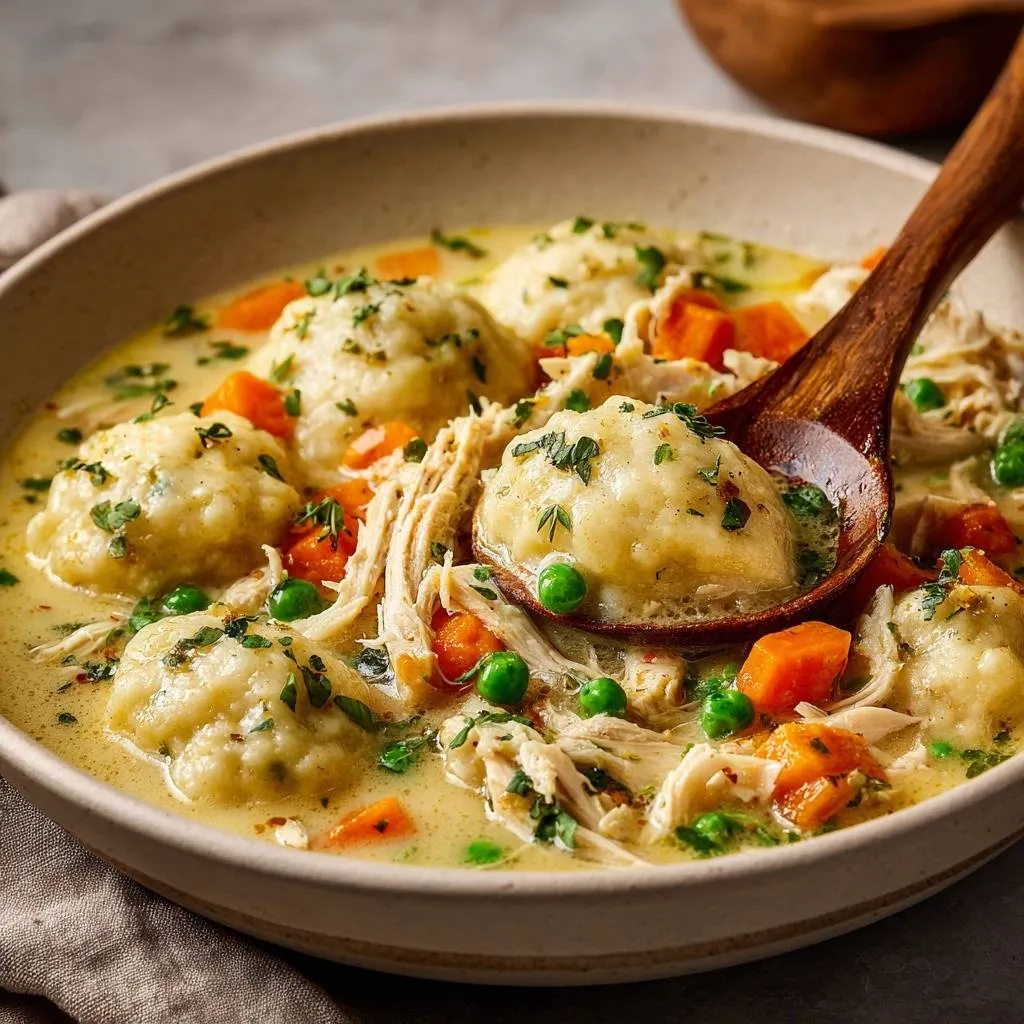 Hearty chicken and dumplings with fluffy dumplings being scooped with a wooden spoon, showing a close-up detail of the ingredients.