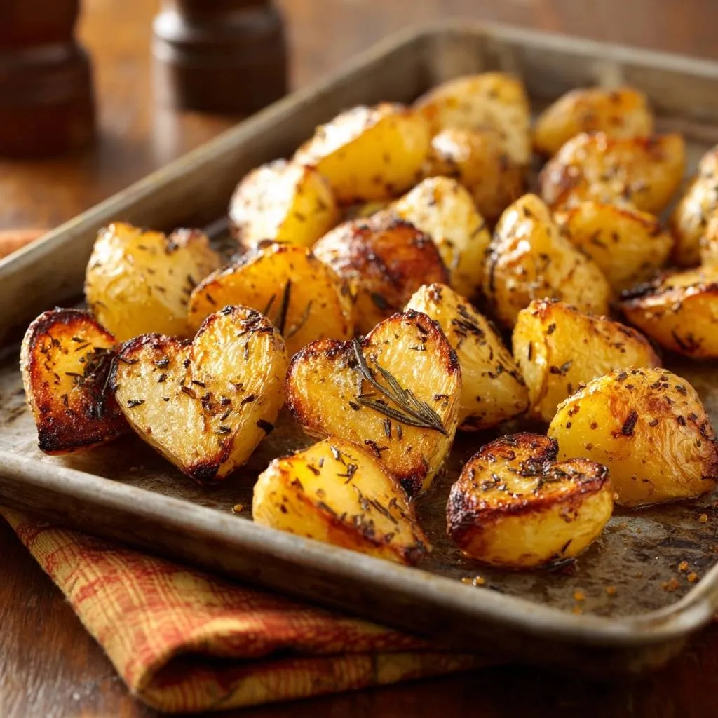 Crispy herb roasted potatoes cut into heart shapes and seasoned with herbs on a baking sheet.
