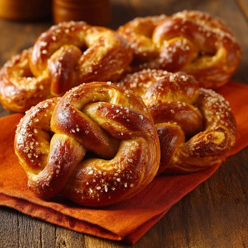 Homemade soft pretzels with a chewy golden crust, showcasing a close-up view of the twisted dough and coarse salt topping.