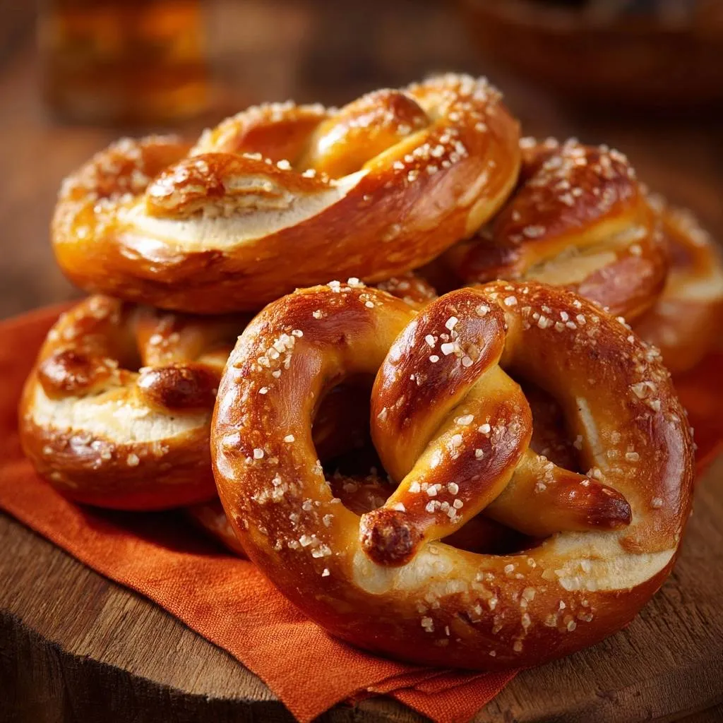 Homemade soft pretzels with a chewy golden crust piled high in a close-up view on an orange napkin.