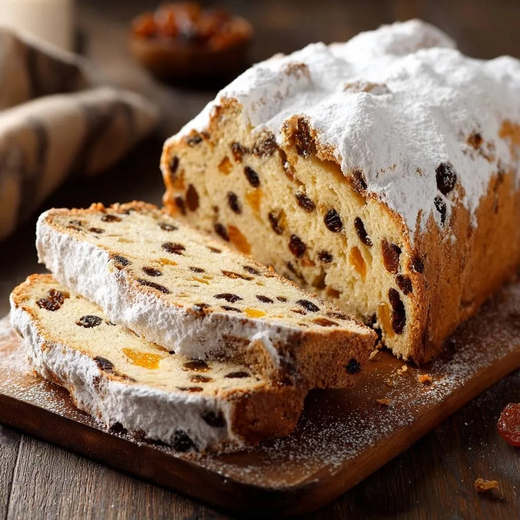 Homemade stollen fruit bread sliced to reveal a close-up view of its rich, fruity interior.