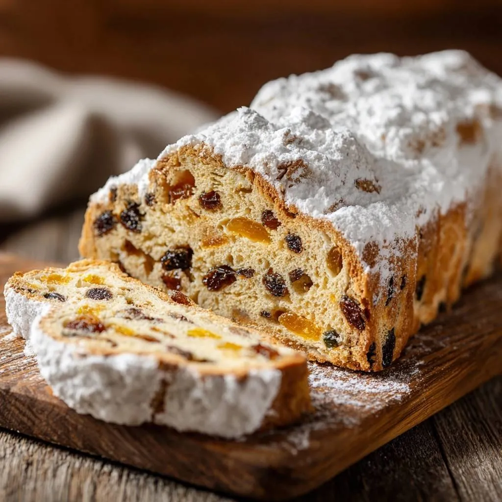 Homemade stollen fruit bread shown in a close-up cross-section with visible dried fruit and powdered sugar dusting.