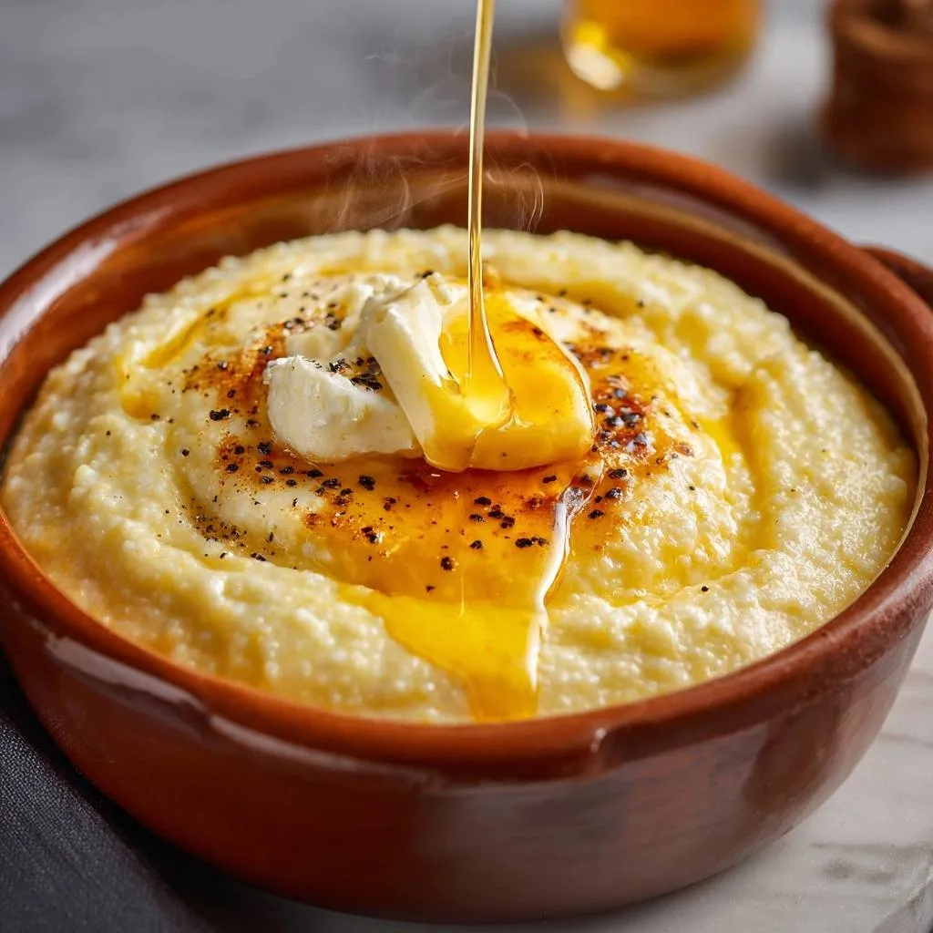 Honey butter feta grits with a rich honey drizzle pouring over a pat of butter and cracked black pepper.