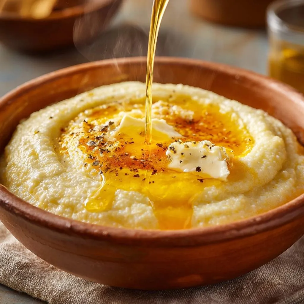 Honey butter feta grits with a stream of golden syrup being drizzled over the creamy dish.