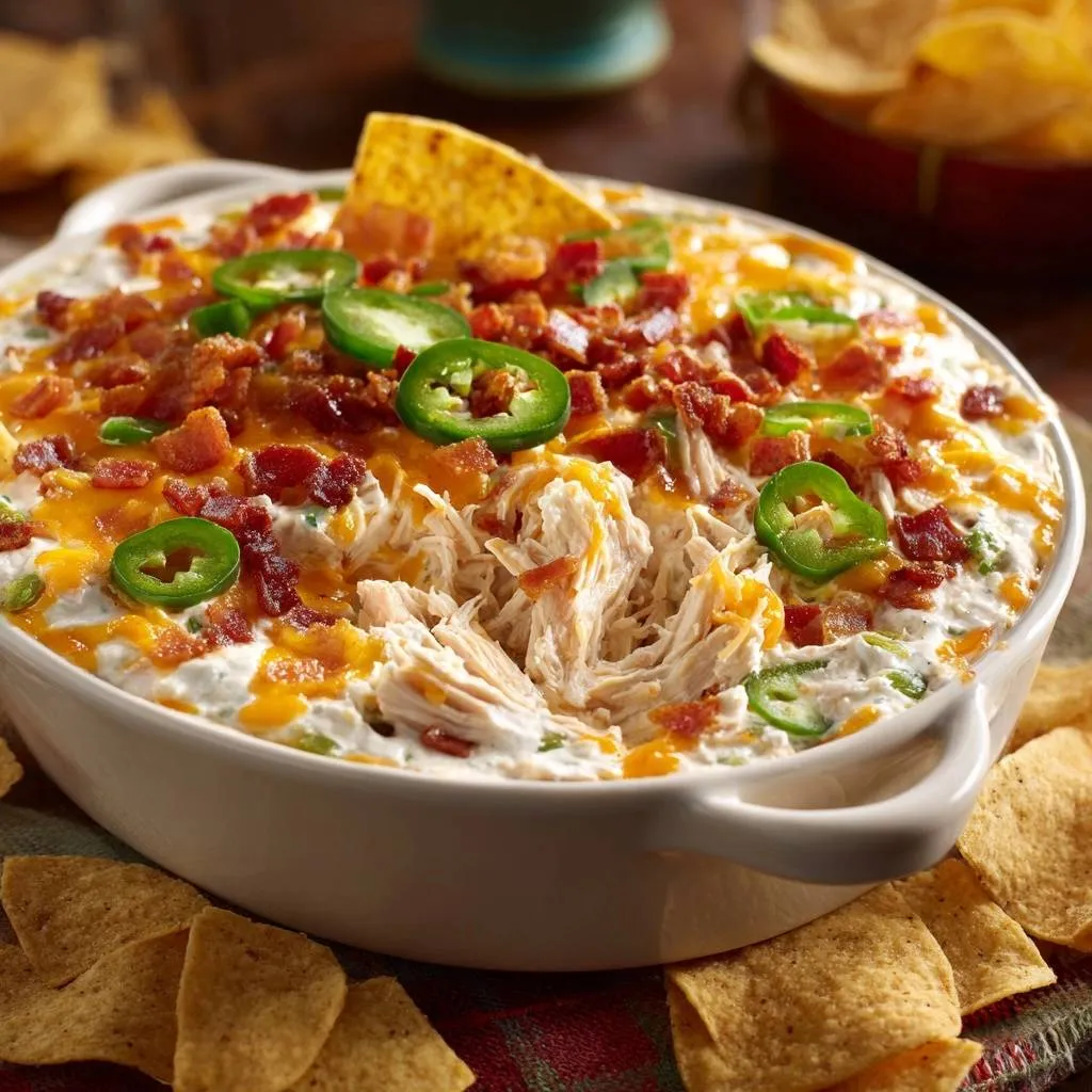 Jalapeno bacon chicken dip shown as a close-up with a view of the shredded chicken and toppings.