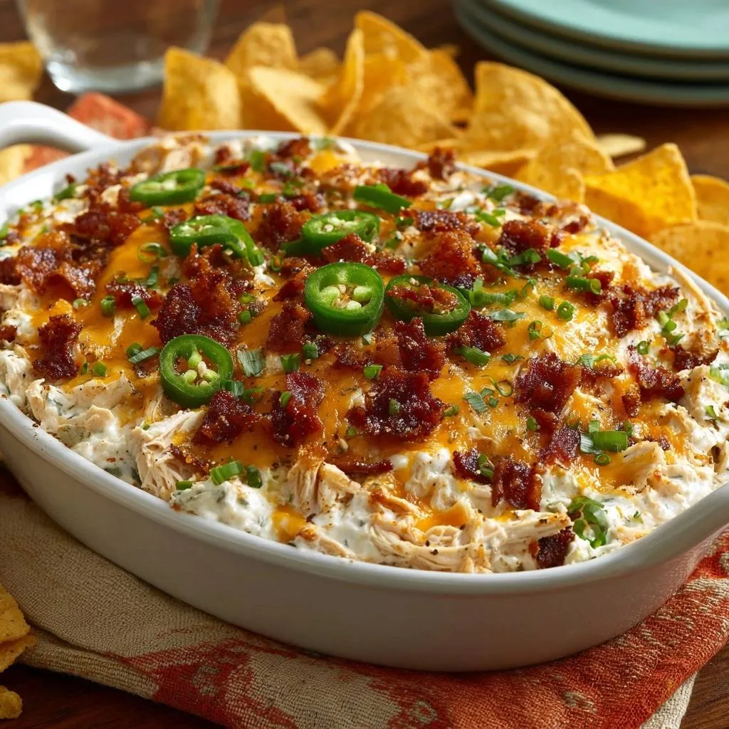 Jalapeno bacon chicken dip, a creamy baked casserole topped with melted cheese, bacon, and fresh jalapeño slices.