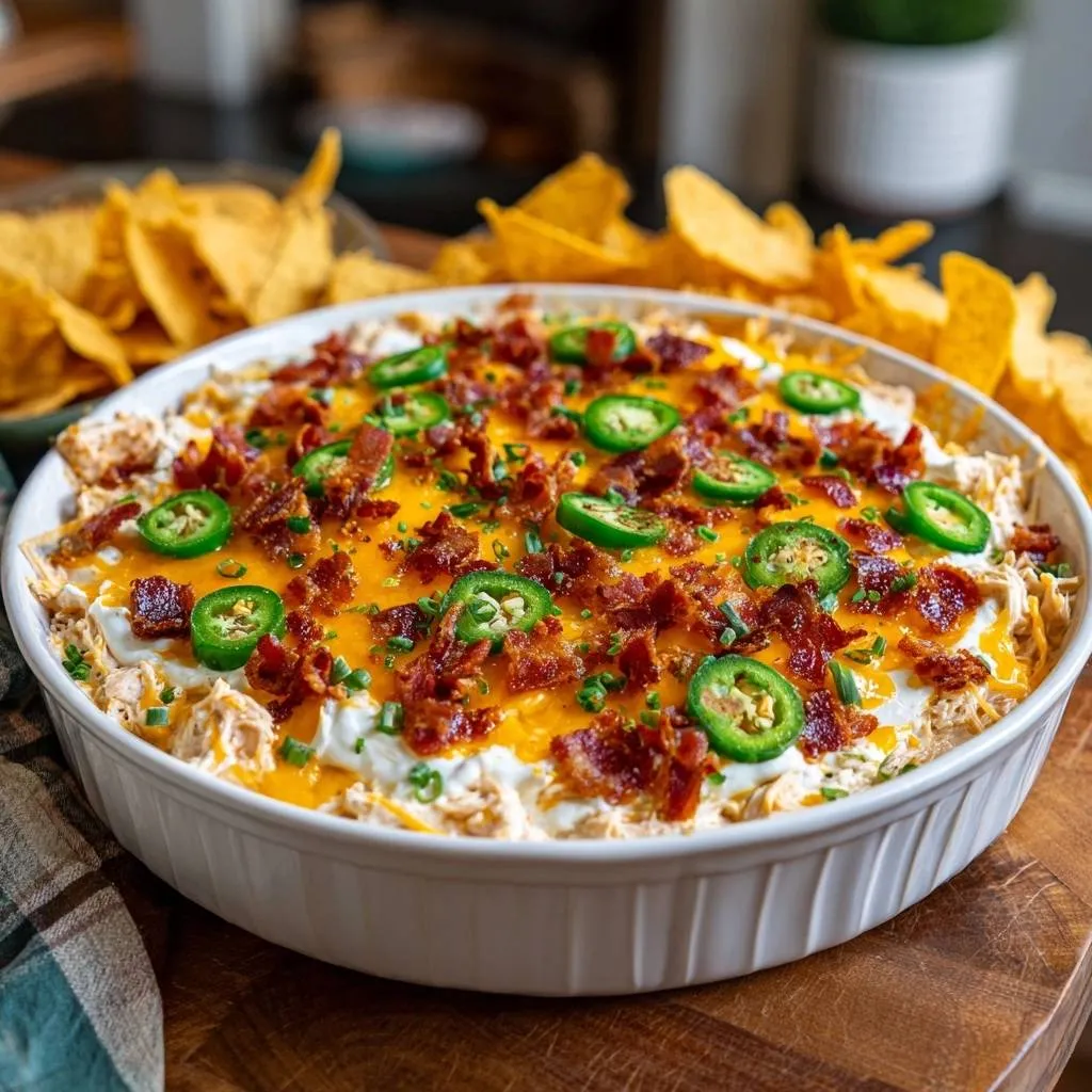 Jalapeno bacon chicken dip with a generous topping of shredded cheese, crispy bacon, and fresh jalapeno slices.