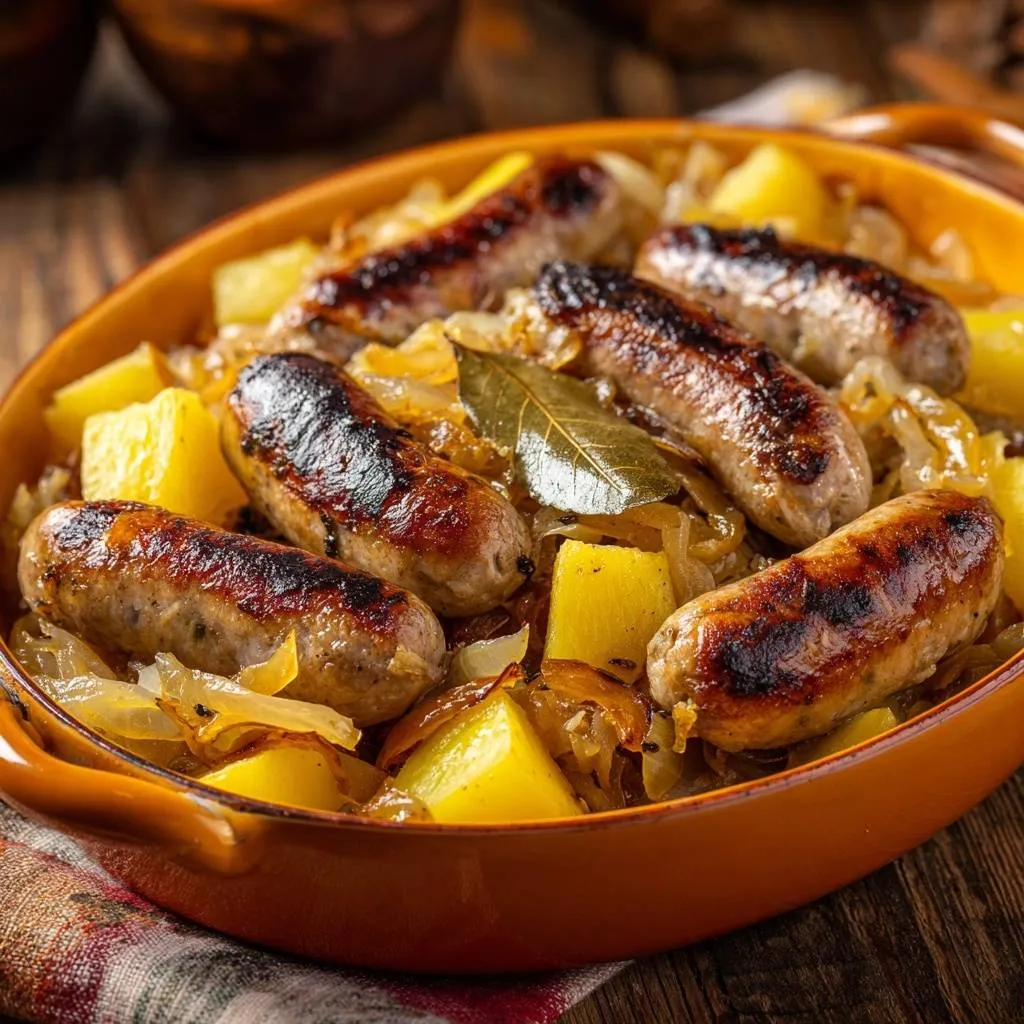 Juicy sausage potato onion bake shown close-up in an orange baking dish with bay leaves.