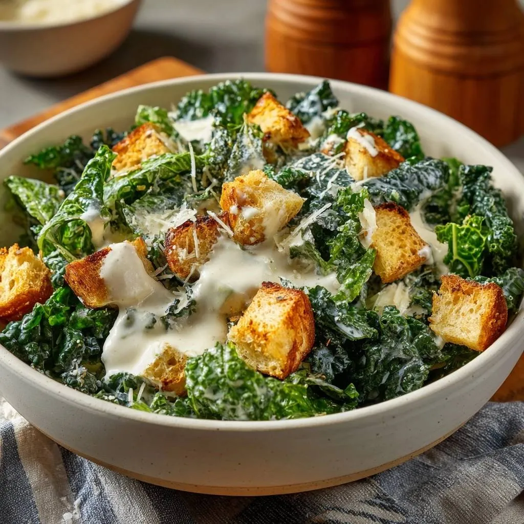 Kale Caesar salad with tender leaves, creamy dressing, and golden croutons in a white bowl.
