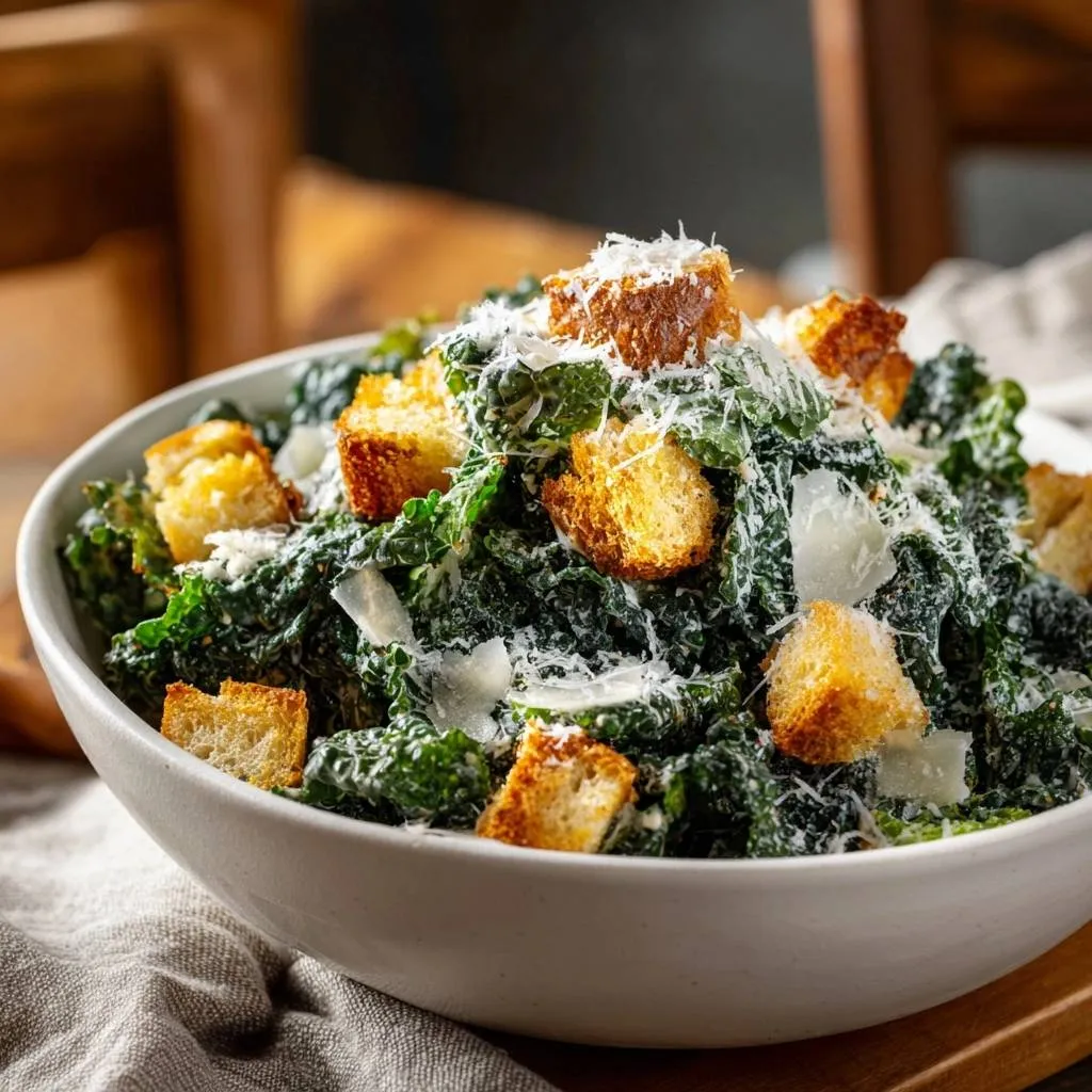 Kale Caesar Salad with Tender Leaves and Crispy Croutons - recipe image